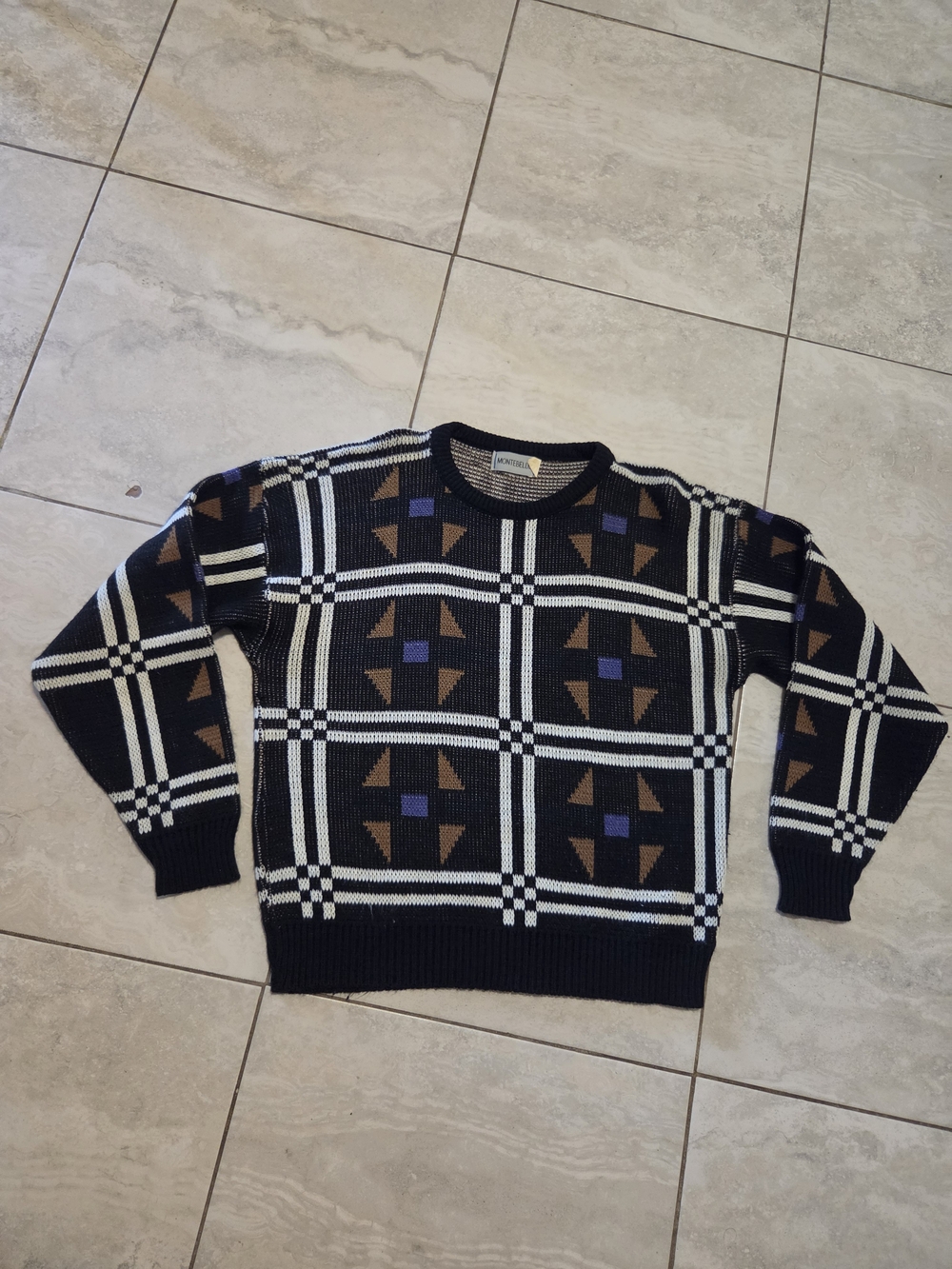 Men's Patterned Black & Brown Crewneck Sweater